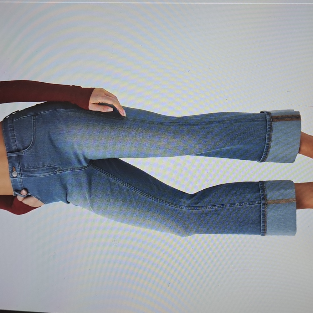 LARGE .   HALARA DISTRESSED ROLLED HEM CASUAL WIDE LEG JEANS